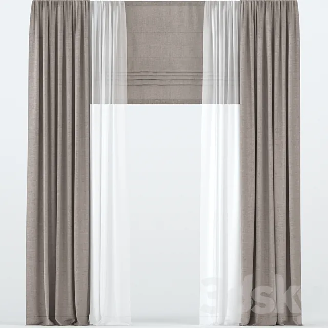 Brown straight curtains with tulle and roman. 3D Model Brown straight curtains with tulle and roman. 3D Model