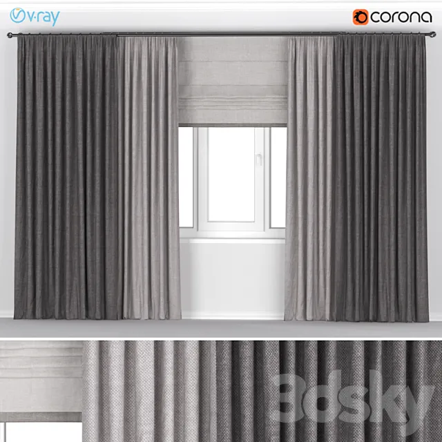 Brown thick wide curtains in two colors + Roman blinds. 3DModel Brown thick wide curtains in two colors + Roman blinds. 3DModel