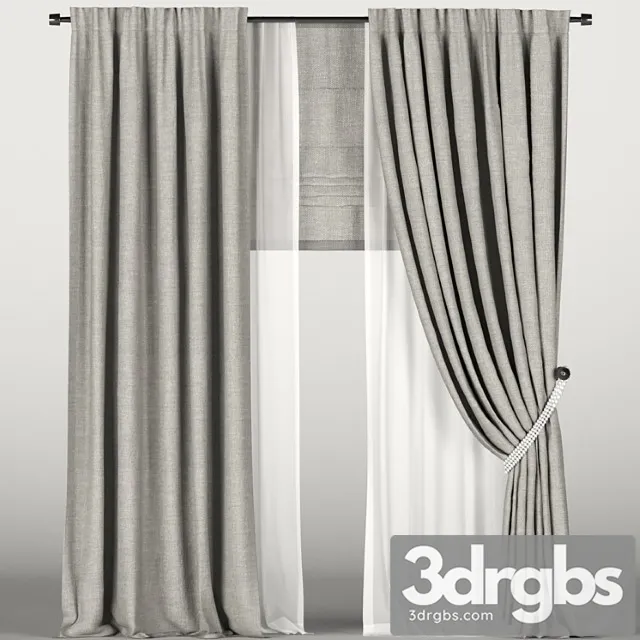 Brown Tied Curtains With Tulle and Roman Shades 3D Model Download