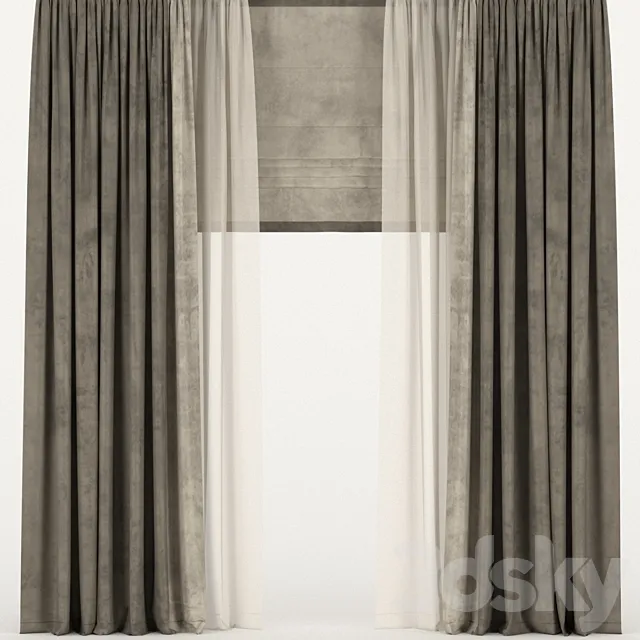 Brown velvet curtains with tulle and a roman curtain 3D Model Brown velvet curtains with tulle and a roman curtain 3D Model
