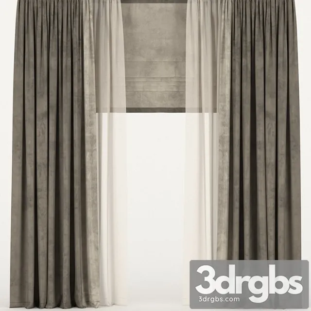 Brown Velvet Curtains With Tulle And Roman Shades 3D Model Download