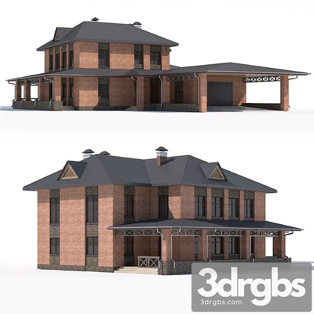 Building Two Storey Country House With Attached Garage And A Canopy 3D Model Download