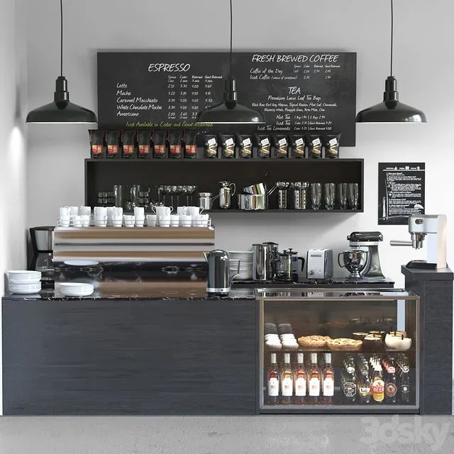 Cafe in minimalist style with a refrigerator with sweets and low-alcohol drinks 3D Model