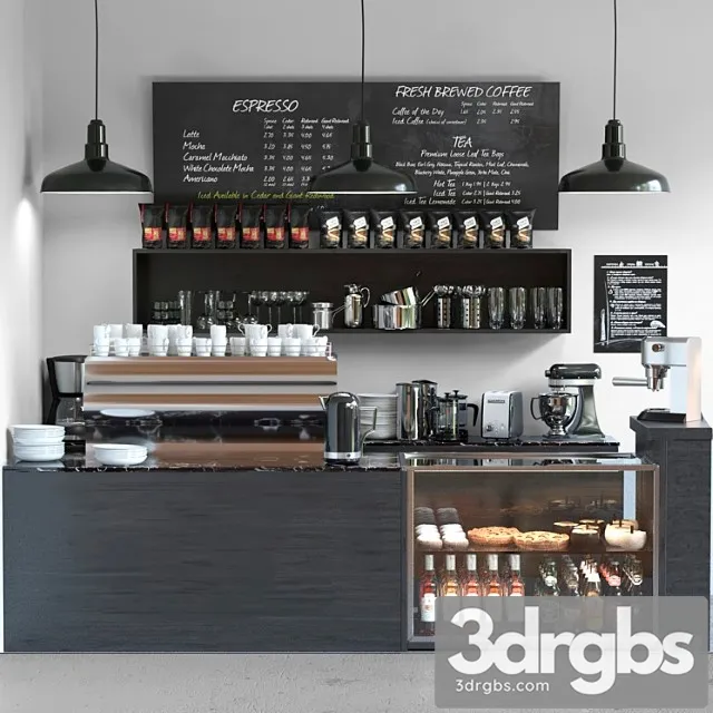 Cafe in minimalist style with a refrigerator with sweets and low-alcohol drinks 3D Model Download