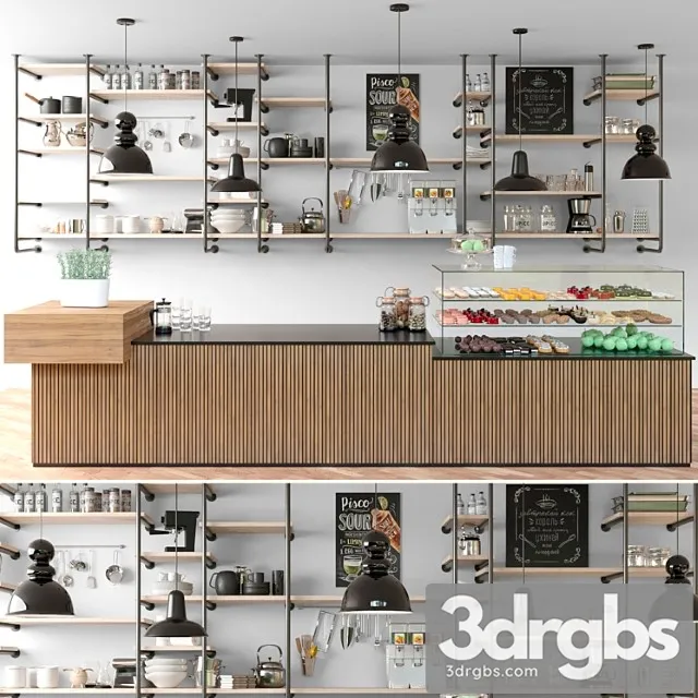 Cafe with shelves and a showcase with desserts and sweets in a loft style 3D Model Download