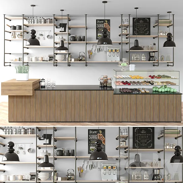 Cafe with shelves and a showcase with desserts and sweets in a loft style 3D Model