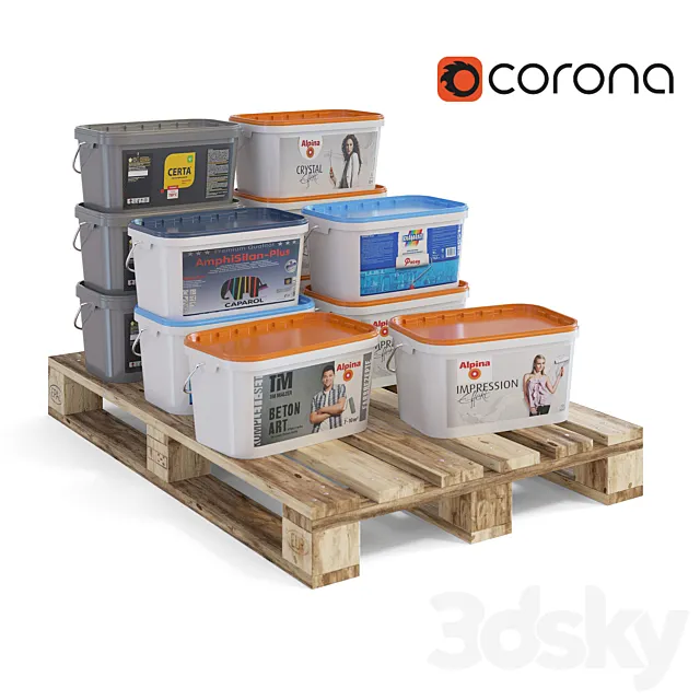 Cans of paint on a pallet 3DModel Cans of paint on a pallet 3DModel