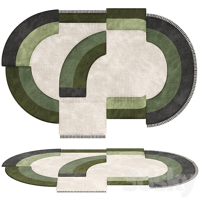 Carpet Contemporary Oval Rug with Geometric Pattern in Green Hues and Beige in Wool 3D Model