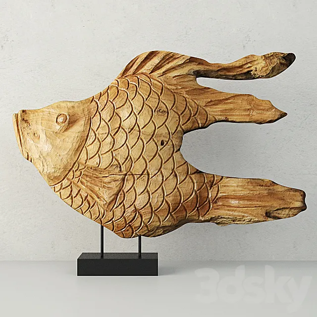 Carved Wood Fish Sculpture on Stand 3DModel Carved Wood Fish Sculpture on Stand 3DModel