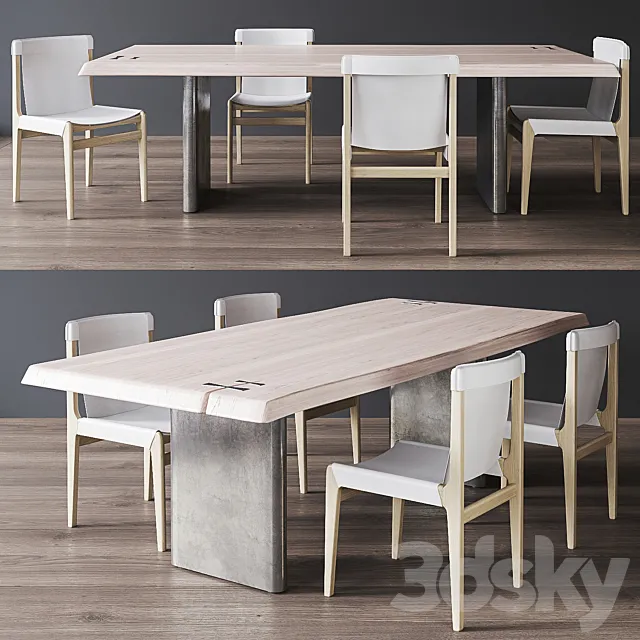 CB2 Burano White Leather Sling Chair. Landscape Live Edge White Washed Wood Dining Table 3DModel