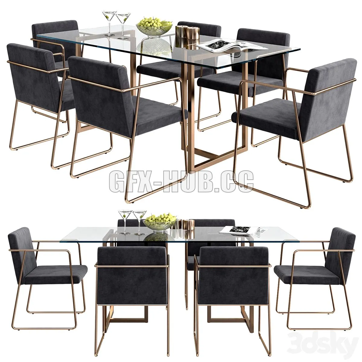 CB2 rouka chair & rectangular dining table 3D Model