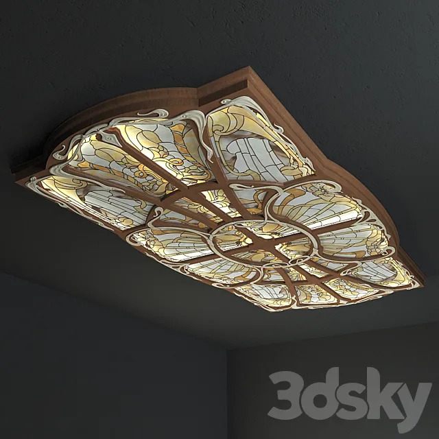 Ceiling stained glass in a wooden frame with forged decor. 3D Model Ceiling stained glass in a wooden frame with forged decor. 3D Model