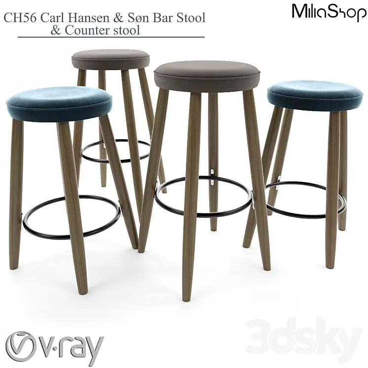 [3DSKY] CH56 Carl Hansen & Søn Bar Stool & Counter Stool 3D Model NEW
