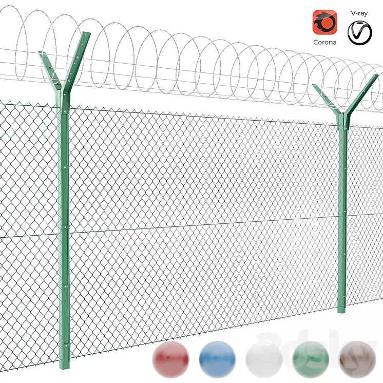 Chain link fence with spiral protective barrier 3D Model 3DSKY Decor