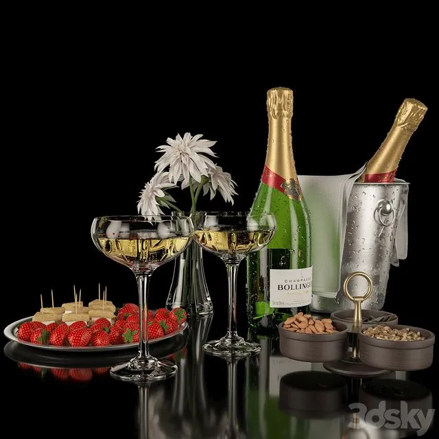 Champagne and strawberries 3D Model