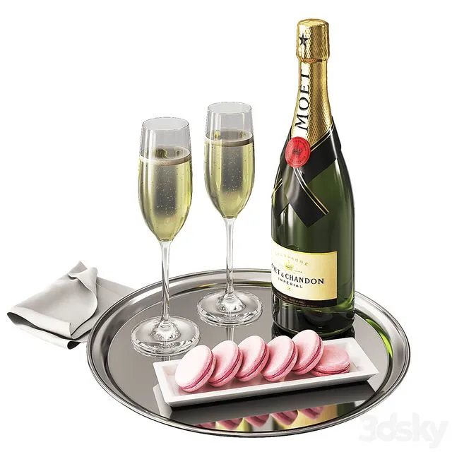 Champagne MOET on a tray with glasses and sweets 3D Model