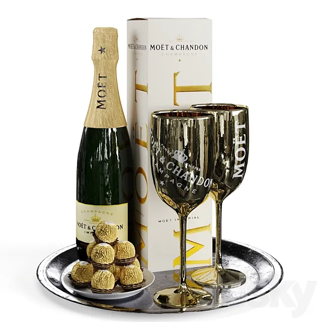 Champagne On A Tray set 2 3DModel