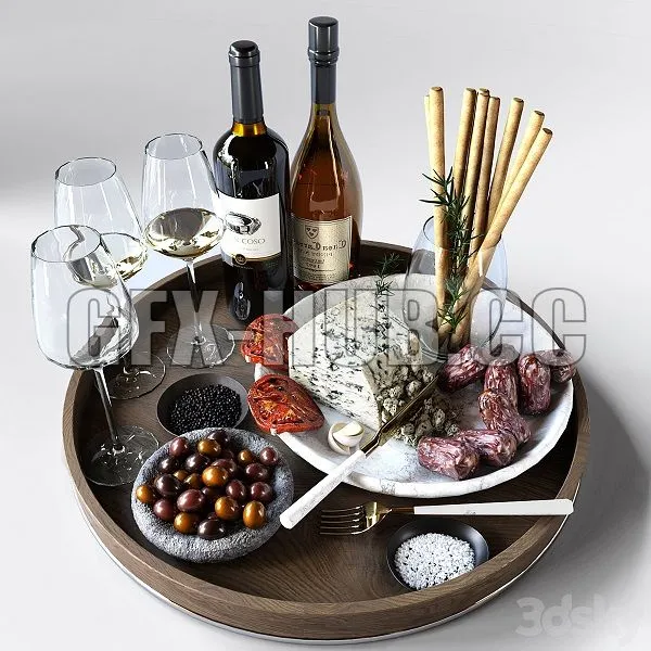 Cheese Plate With Sausages and Wine Alcohol 3D Model