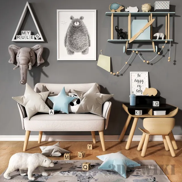 child-room – Set with plane shelf and star pillows 3D Model