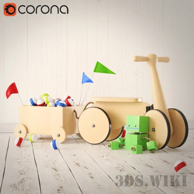 child-room – Wooden car with toys 3D Model