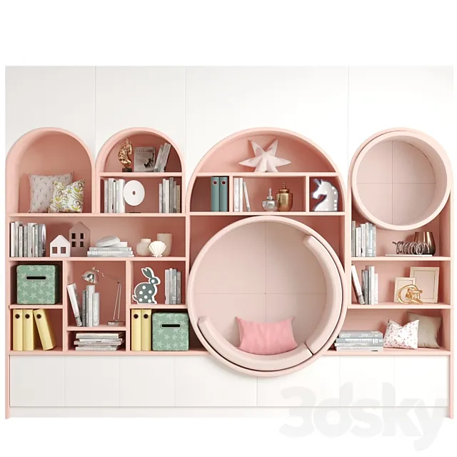 Children’s wall – wardrobe with decor and books 3D Model