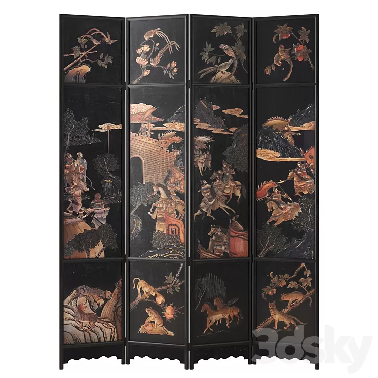 Chinese Four-Panel Lacquered Coromandel Panel Screen 3D Model Free Download