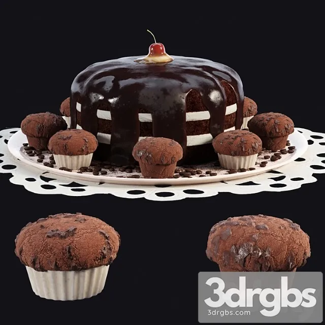 Chocolate cake and muffins 3D Model Download