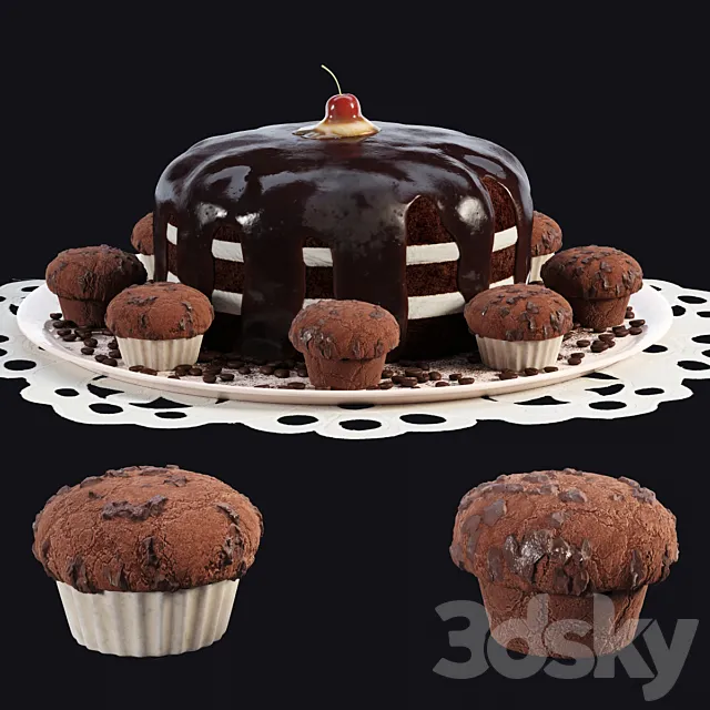 Chocolate cake and muffins 3DModel