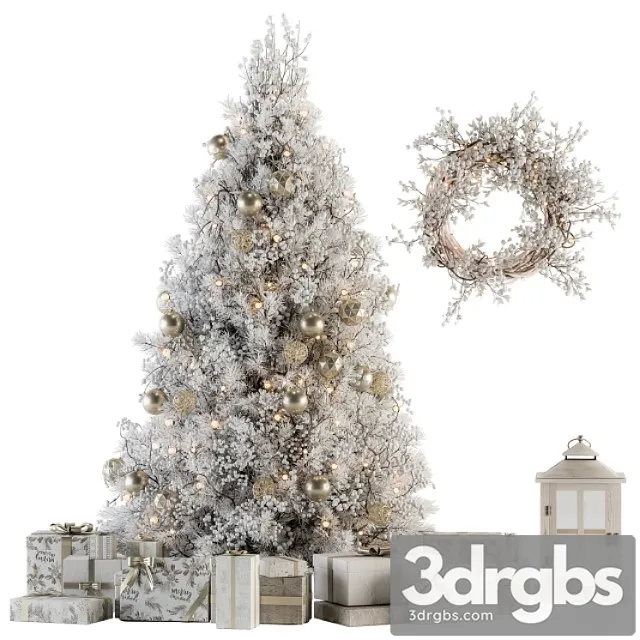 Christmas Decoration 14 Christmas White and Gold Tree With Gift 3D Model Download