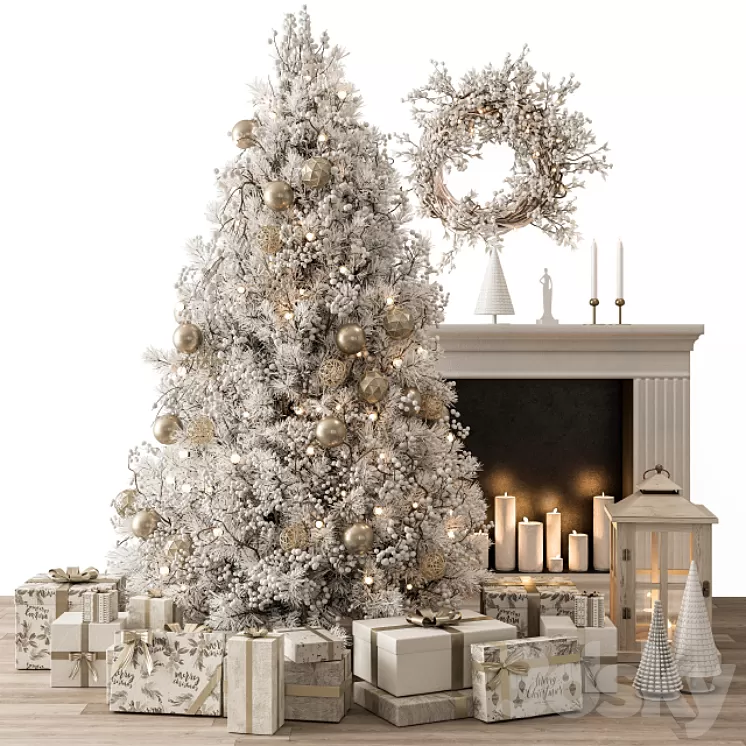 Christmas Decoration 26 – Christmas Gold and White Tree with Gift 3D Model Free Download