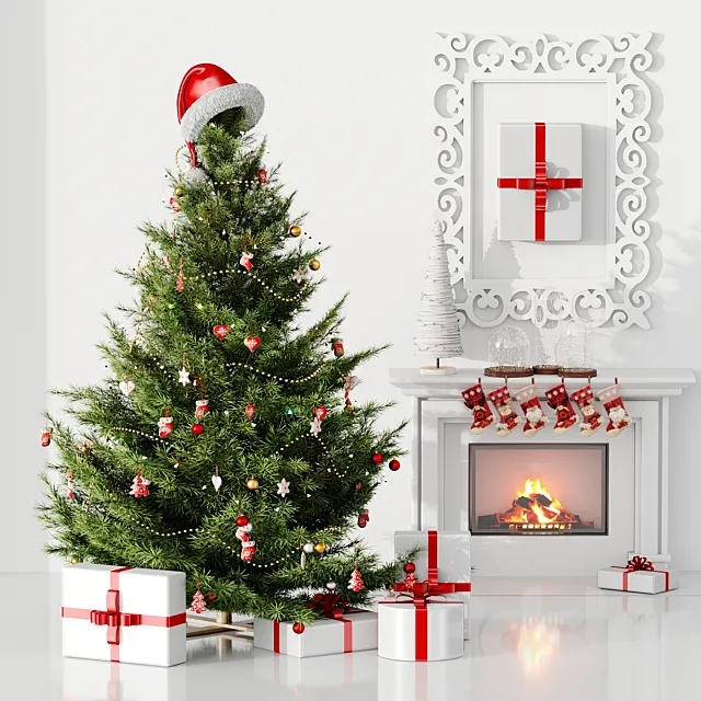 Christmas tree with hat and fireplace 3D Model Christmas tree with hat and fireplace 3D Model
