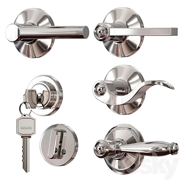 Chrome plated metal door handles. lock and key 3D Model Chrome plated metal door handles. lock and key 3D Model