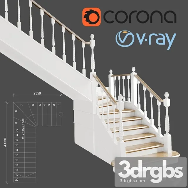 Classic angular staircase with staggered steps 3D Model Download