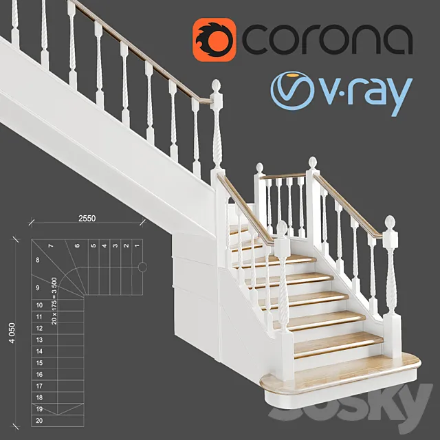 Classic angular staircase with staggered steps 3D Model