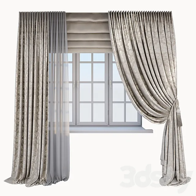 Classic beige curtains with Damascus pattern 3D Model Classic beige curtains with Damascus pattern 3D Model