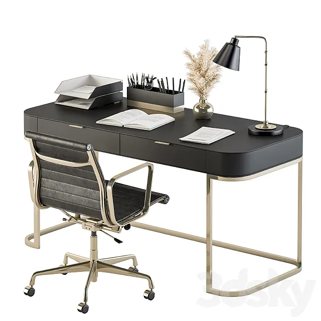 Classic Black and Gold Work Desk – Office Set 181 3D Model