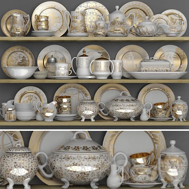 Classic crockery set with porcelain and gold leaf 3D Model