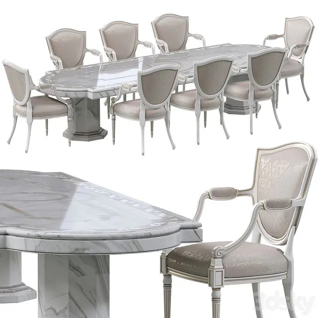 Classic dining chair and marble table 3D Model