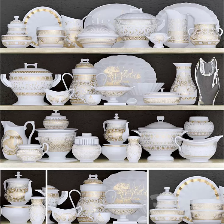 Classic dinnerware set with porcelain and gold leaf 5 3D Model