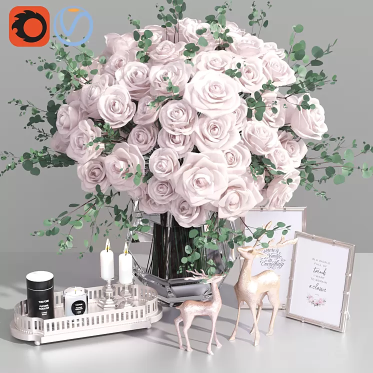 Classic French Roses Vase Deer Decorative Set 3D Model