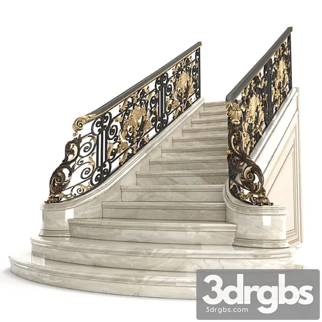 Classic marble staircase with wrought iron railing 3D Model Download