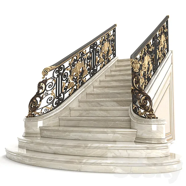 Classic marble staircase with wrought iron railing 3DModel