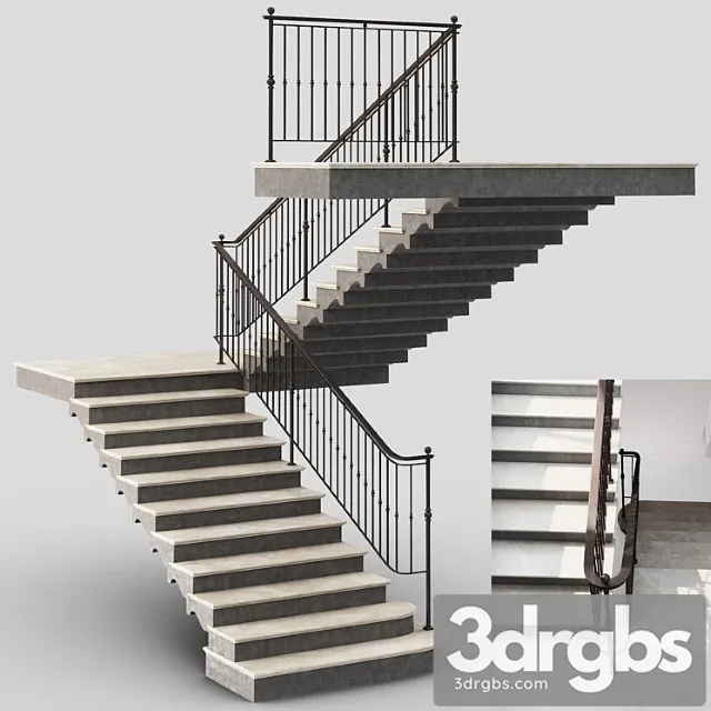 Classic stair with iron railing 3D Model Download