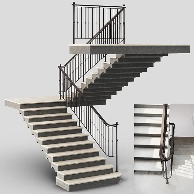 Classic Stair with Iron railing 3D Model