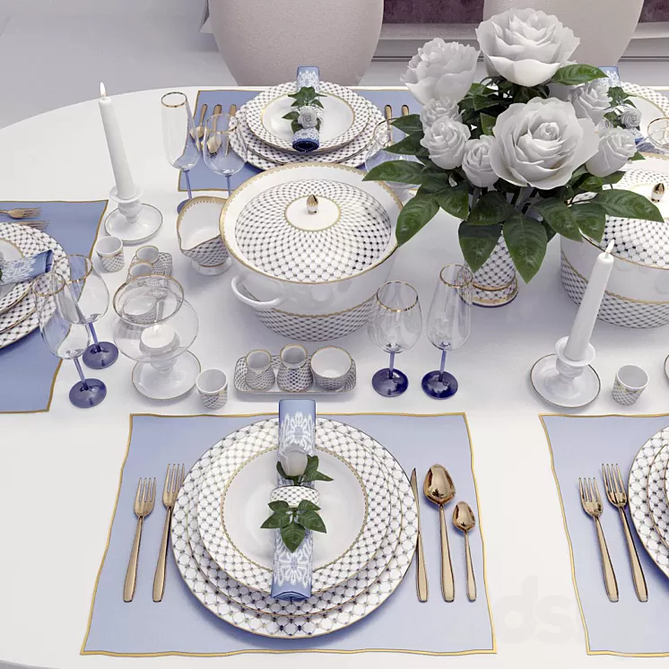 Classic table setting with roses 3D Model