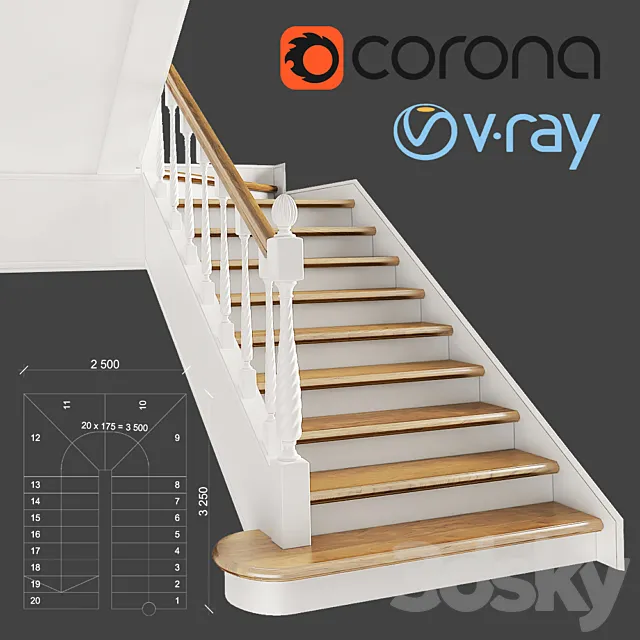 Classic two-march staircase with staggered steps 3D Model
