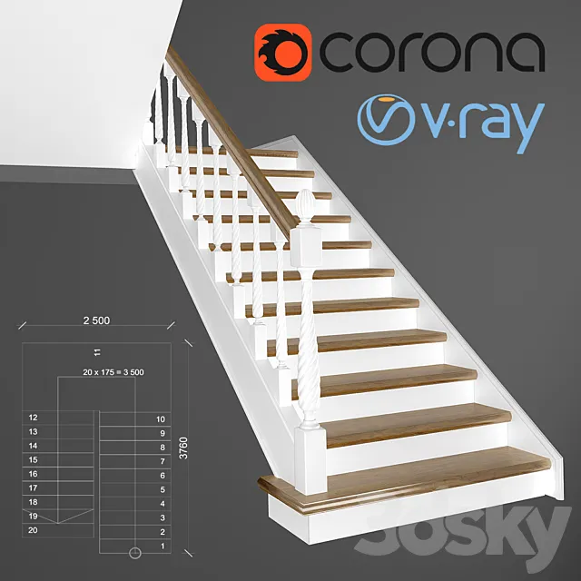 Classic two-staircase staircase 3D Model
