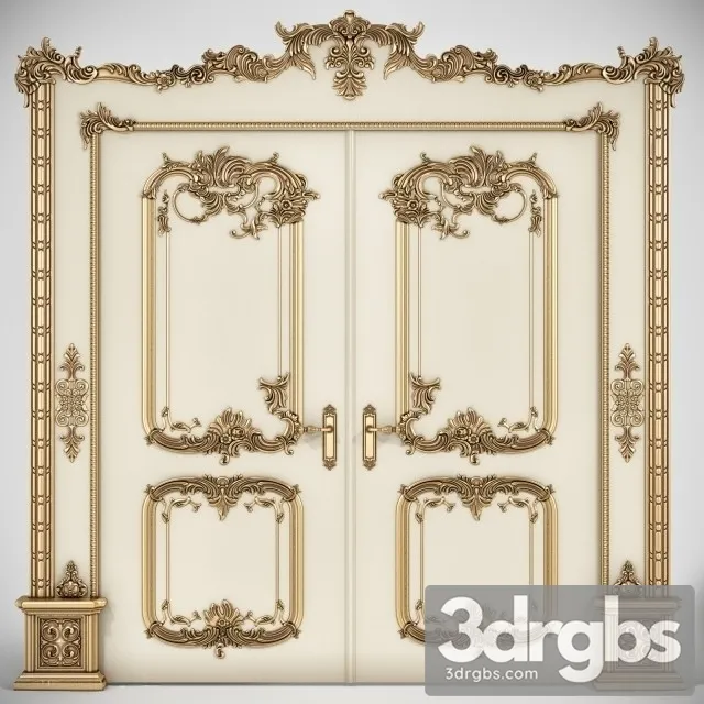 Classic Wooden Door Inlaid Gold 3D Model Download