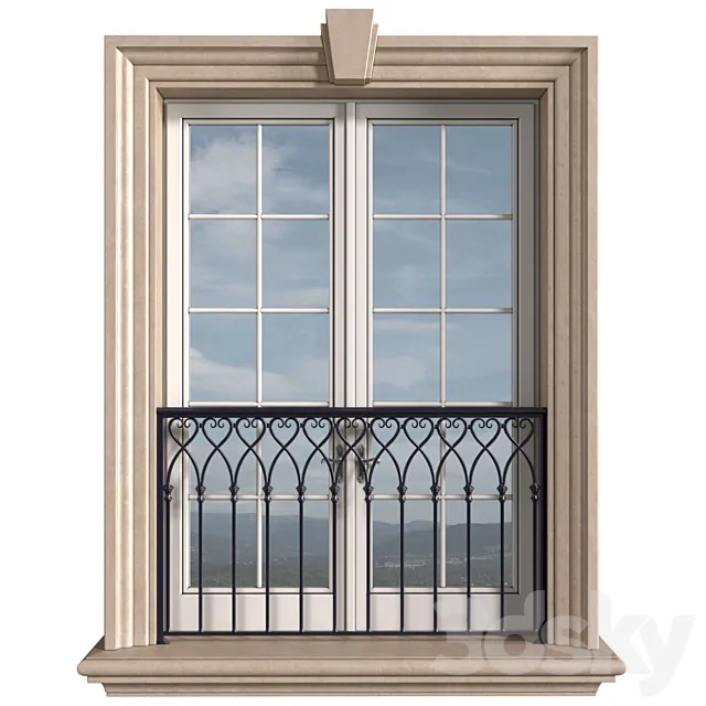 Classical front window with a French balcony.Classical Forged Fence. frame window 3D Model