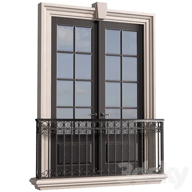 Classical front window with a French balcony.Classical Forged Fence. frame Window 3D Model Classical front window with a French balcony.Classical Forged Fence. frame Window 3D Model